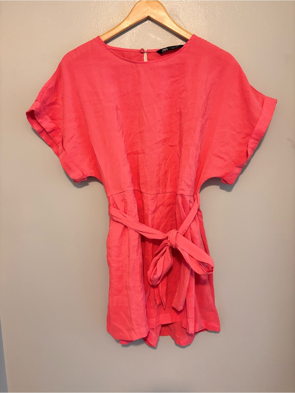 Zara Coral Pink Tie-Waist Short Sleeve Romper